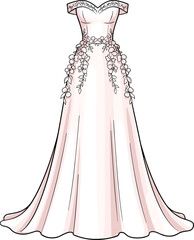 Soft Pink Off-Shoulder Gown with Floral Embellishments, Sweetheart Neckline and Flowing Pleated Skirt for Elegant Fashion Illustration