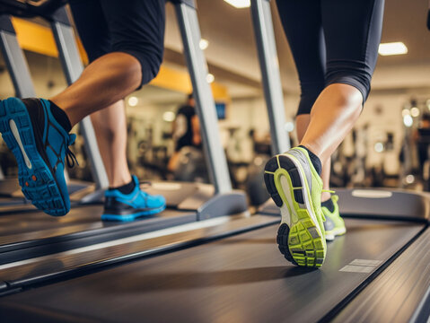 Course sur tapis roulant en gros plan : chaussures de sport et entra&icirc;nement cardio