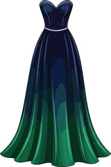 Strapless evening gown with celestial bodice and gradient skirt, fashion illustration for formal, prom, bridal, gala, or luxury wear.