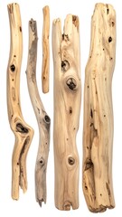 Assorted wooden sticks against a white background