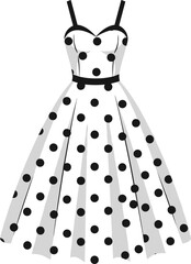 Vintage Polka Dot Dress with Sweetheart Neckline, Black Straps and Waistband, Retro Mid-Century Fashion Vector for Elegant Illustration