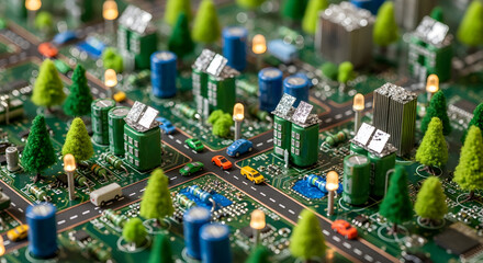 Creative miniature cityscape built on a circuit board showcasing technology and urban development in a unique conceptual blend