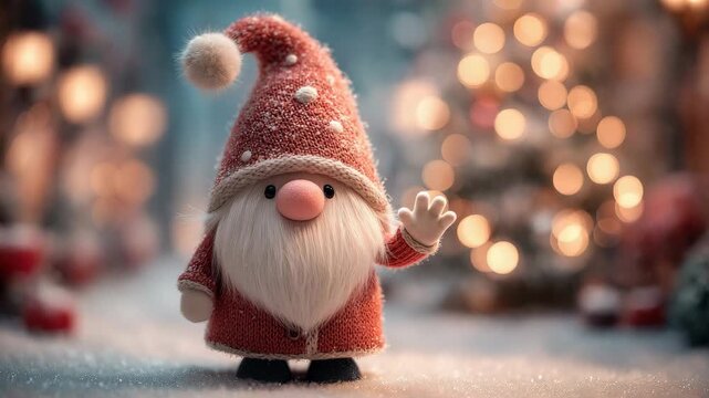 Cute Christmas gnome toy creating a magical mood in the falling snow against a festive bokeh background with copy space