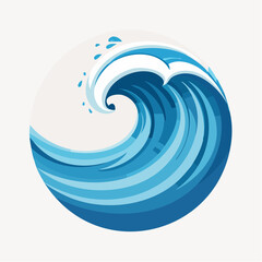 Stylized vector illustration of a large blue ocean wave breaking in a circular frame element