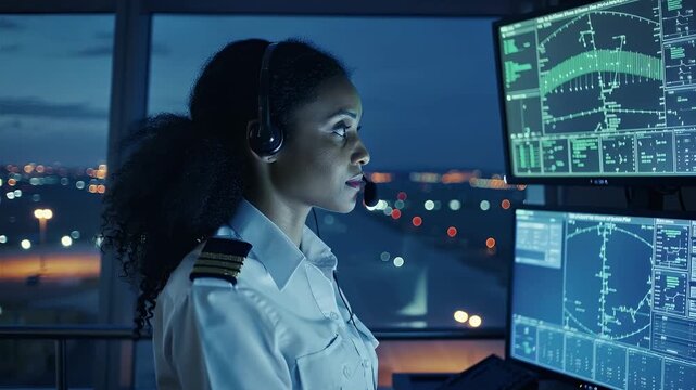 Air traffic controller monitors multiple screens during a busy night shift at the control tower