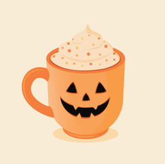Pumpkin latte in an orange cup. Halloween coffee drink with whipped cream and sprinkles. Vector illustration.