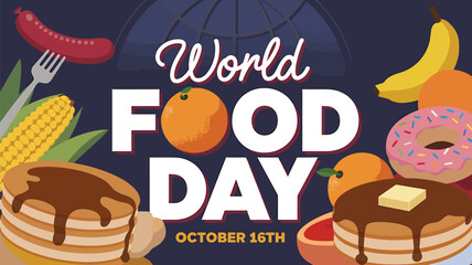 Vector art of world food day on october 15th, showcasing a variety of delicious food items including pancakes, donuts, fruits, and sausages