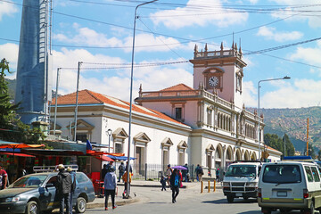 Street scene around the station of aerial cable car urban transit system called Mi Teleferico in La...