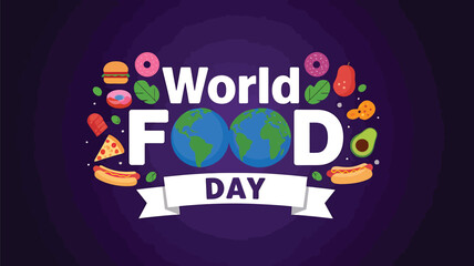 Vector art of world food day celebration with diverse food items and globes on a purple background, symbolizing global food awareness and healthy eating