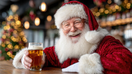 Santa Claus drinking beer in bar