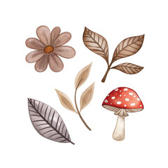 Outono colorido Ilustração em aquarela de cogumelos folhas de outono rosa cachorro ameixa bagas de bolota
