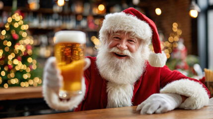 Santa Claus drinking beer in bar
