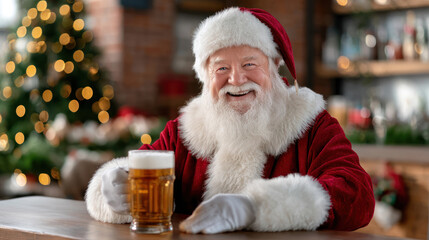 Santa Claus drinking beer in bar