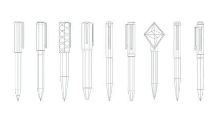 Collection of Pens: A sophisticated array of sleek pens, each boasting a unique design, line up to demonstrate the precision and elegance of writing instruments.