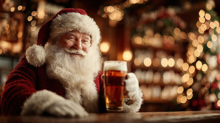 Santa Claus drinking beer in bar