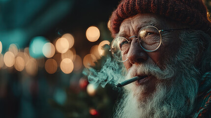 Santa Claus smoking marijuana joint outdoors