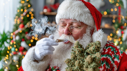 Santa Claus smoking marijuana reefer, looking like a drug addict