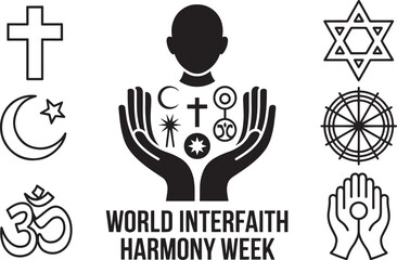 World Interfaith Harmony Week concept. Hands holding diverse religious symbols