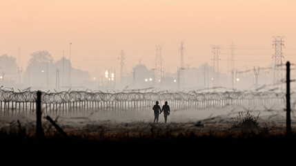Poor refugees procession along barbed wired fence