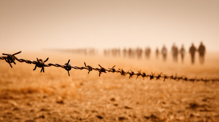Poor refugees procession along barbed wired fence
