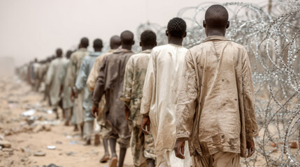 A lot of poor refugees walking along barbed wired fence, humanitarian crisis