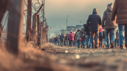 Poor refugees procession along barbed wired fence