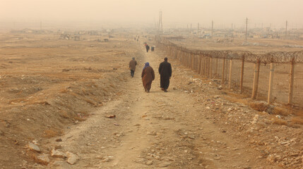 Poor refugees procession along barbed wired fence