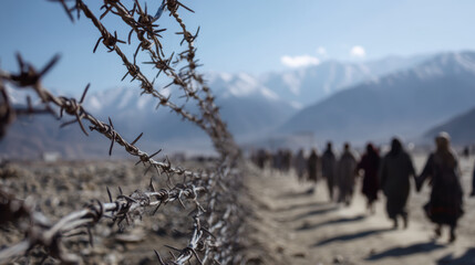 A lot of poor refugees walking along barbed wired fence