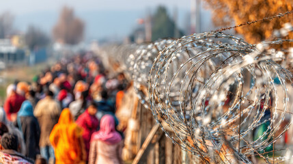 Poor refugees procession along barbed wired fence - humanitarian crisis
