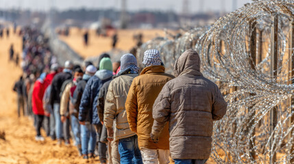 Poor refugees procession along barbed wired fence