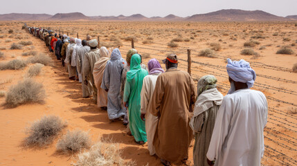 A lot of poor refugees walking along barbed wired fence
