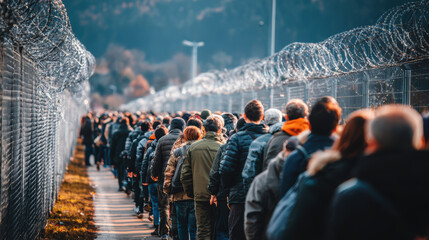 A lot of poor refugees walking along barbed wired fence, looking for asylum