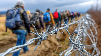 Poor refugees procession along barbed wired fence