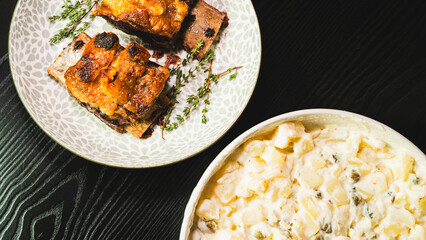 Tender, fall-off-the-bone beef short ribs served with a classic Brazilian potato mayonnaise salad. A hearty and comforting meal that showcases delicious homestyle cooking.