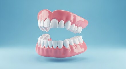Fototapeta premium Complete set of dentures on a blue background, dental prosthetics for seniors