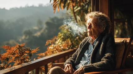 Old woman is smoking marijuana in wheelchair