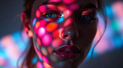 Surreal portrait of face illuminated by vibrant colorful light patterns with futuristic dreamlike atmosphere&rdquo;Fantastic Frontiers Digital Artwork series ar 16:9
