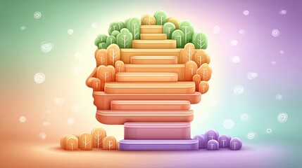 Digital innovation artwork - Abstract Creative Head with Colorful Stacked Trees Artwork illustration for personal growth, creativity and inner balance
