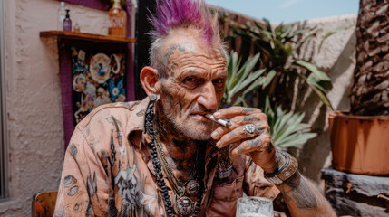 Old punk man smoking cannabis