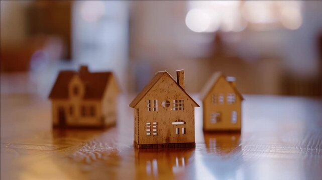 Small wooden houses displayed on a brown surface indoors