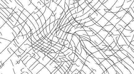 A chaotic yet intriguing abstract line art background showcases intersecting black lines and curves on a bright white backdrop, ideal for modern design and artistic projects