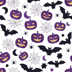 Vector art of seamless pattern with purple pumpkins, spiders, and bats