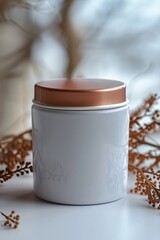 Elegant Gray Cosmetic Jar with Copper Lid Surrounded by Dried Botanicals in a Minimalist Setting