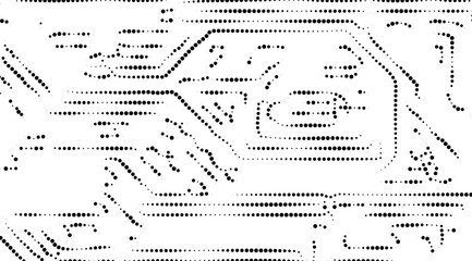 Halftone pattern of a circuit board design on a white background features geometric shapes and clean lines, evoking a modern, minimalist, and technology-driven aesthetic