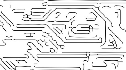 Abstract white background features intricate black lines and shapes reminiscent of a circuit board design, creating a modern and minimalist geometric pattern that is clean and detailed