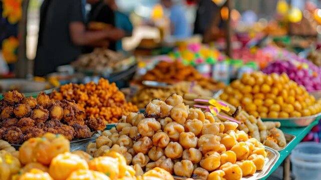 Bright and colorful  showing an outdoor market stall filled with fresh fruits and vegetables, as well as various types of street food on display for sale.