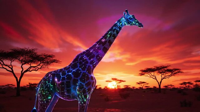 Majestic giraffe with glowing neon patterns stands silhouetted against a vibrant, fiery sunset in the African savanna landscape
