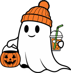 cartoon halloween pumpkin,  halloween cute ghost with ice coffee, halloween cute ghost with ice coffee