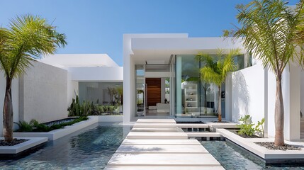 A sleek contemporary white villa with a minimalist design, large glass walls, palm trees, and a peaceful courtyard with a water feature.