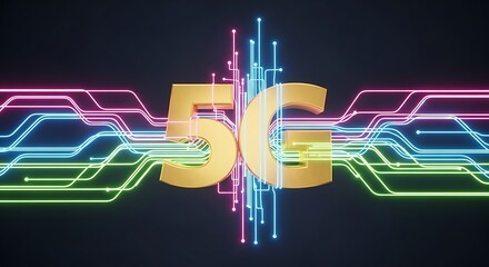Golden 5G Technology Symbol with Vibrant Data Streams and Dark Background
